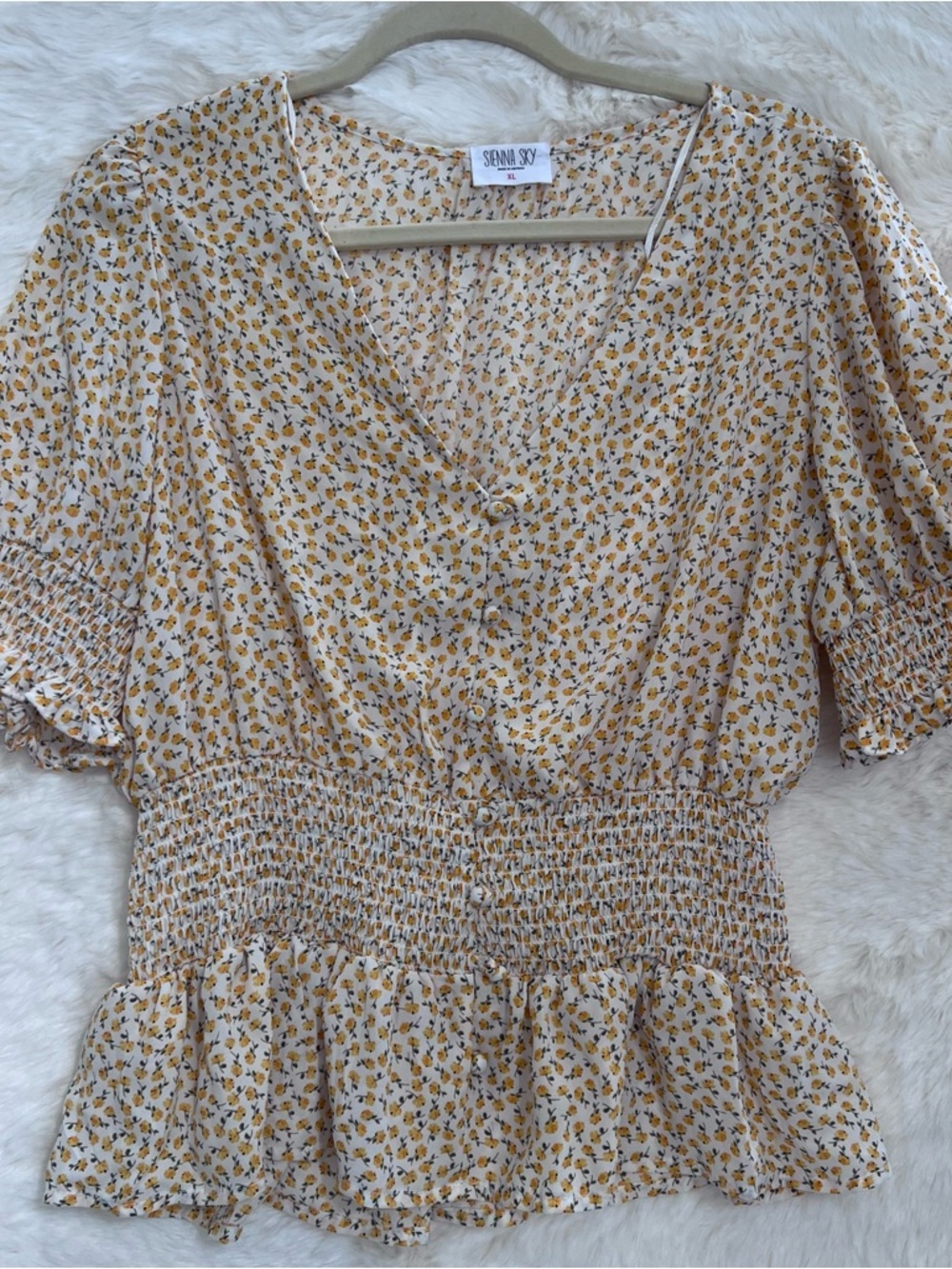 Sienna Sky Yellow Floral Smocked Blouse Cottagecore Feminine Puff Sleeve Peplum